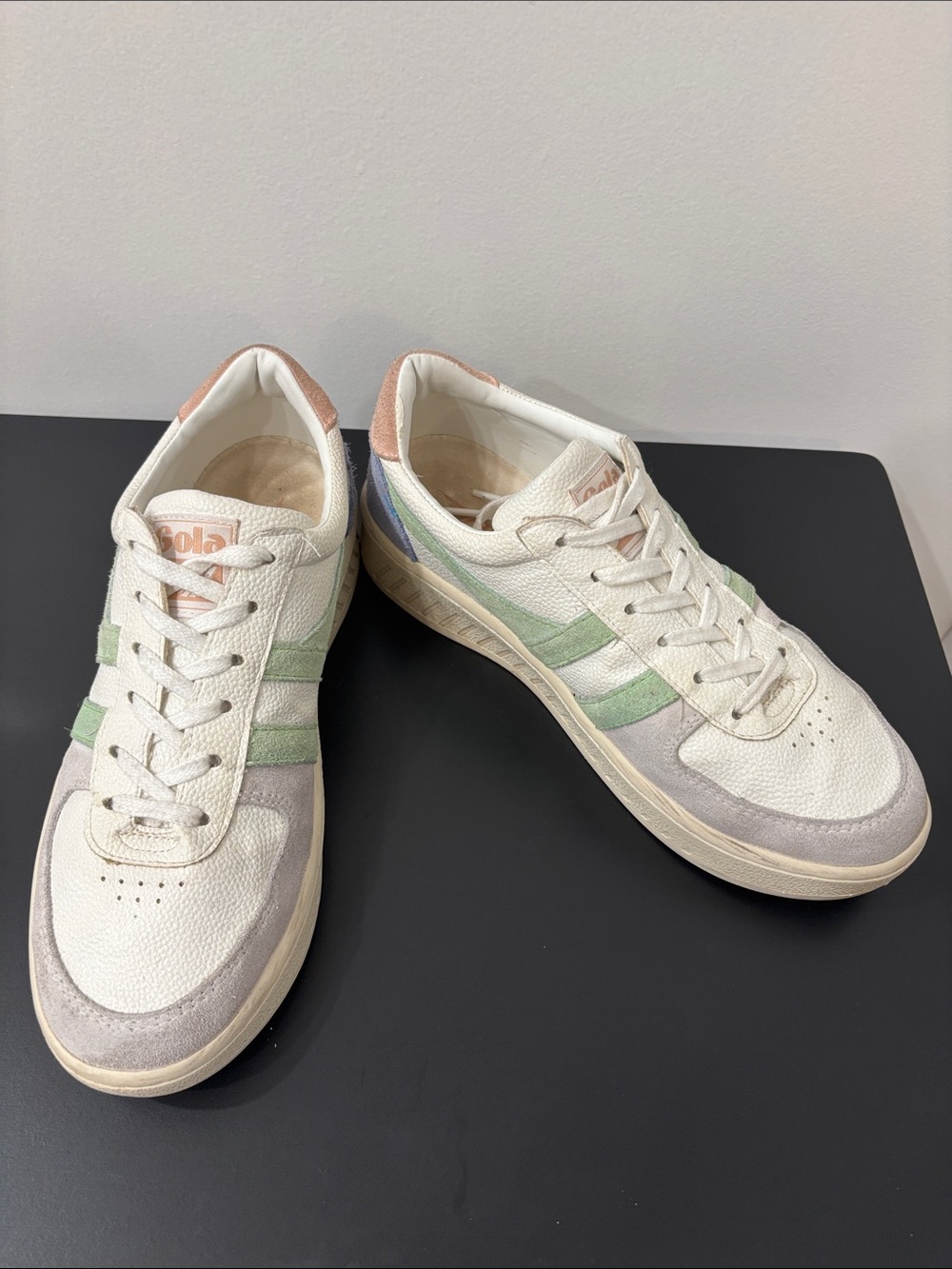 Gola Grandslam Trident Low-Top White Sneakers with Mint Green & Lavender Accents